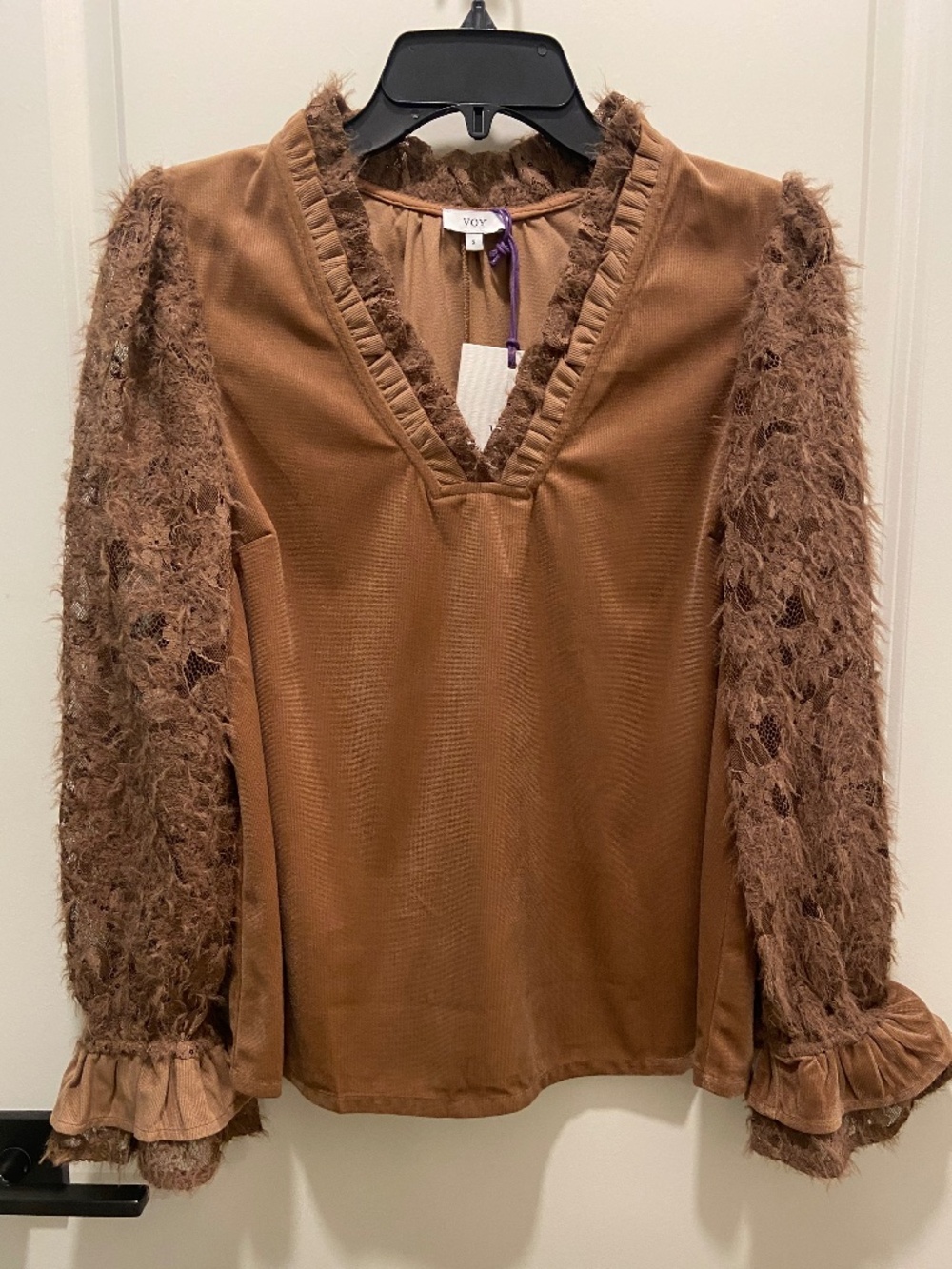 Voy Faux Suede Top with Embellished Lace Long Sleeves NWT
